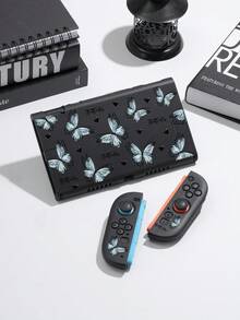 Vintage Illustration Blue Butterfly & Heart Pattern Design Switch2 (2025)/Switch NS/Switch OLED Compatible Game Console Accessory Set, Protective Case/Dock Cover/Carrying Bag/12-Card Holder, TPU Soft Shell, Beautiful & Practical, Portable Stand, Travel-Friendly, Shockproof, Scratch-Resistant, Stain-Resistant, Fashionable Romantic Gift - View 2