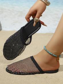 Damen Schwarze Mesh Strass Bohemian Stil Geschlossene Zehen Flache Mule Sandalen, Sommer Lässig Strand Sandalen - Schwarz - Übersicht 6