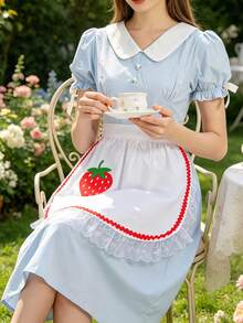 可愛草莓蕾絲飾邊女僕圍裙，可愛鄉村風廚房烘焙咖啡店制服 Cosplay 角色扮演服裝 家務清潔 派對裝扮 聖誕節萬聖節禮物 適合女孩與女性 - 草莓圍裙 - 查看 4
