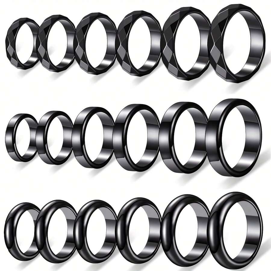 3 Styles Black Hematite Rings Set, Polished Faceted/Smooth/Matte Plain Band Rings, Unisex Stackable Finger Rings For Daily Casual Wear, Party Jewelry Gifts - Black - View 1