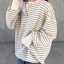 Camiseta holgada de murciélago a rayas casual para mujer, otoño - Marrón - Ver 2