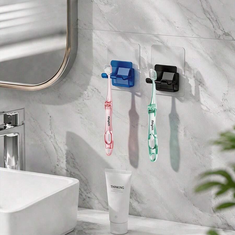 Drill-Free Mouthwash Cup Holder Toothbrush Holder Wall-Mounted No-Trace Adhesive Hook Bathroom Razor Storage Rack, Bathroom Toothbrush Organizer, Multi-Functional Bathroom Towel, Bath Ball Hanging Rack - Toothbrush Holder Razor Holder - View 1