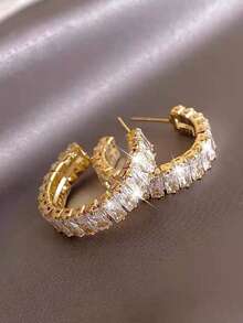 Nooxian 1 Pair Women's C-Shaped Copper Inlaid Rectangular Zirconia Hoop Earrings, Everyday Basic Hoop Accessory - Golden - View 3