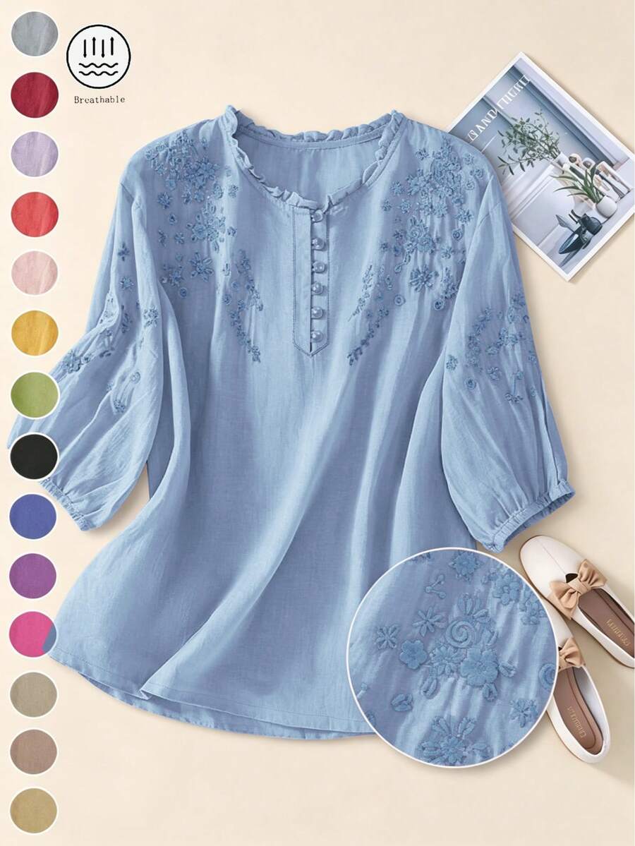 Women's Embroidered Loose Boho Vintage Mid-Sleeve Blouse, Spring/Summer