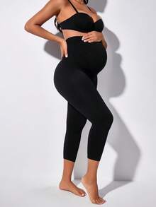 Maternity High Waist Abdominal Support Capris With Expandable Belly Panel Black Summer - Black - View 5