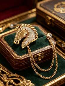 1 Peça Broche Vintage de Cabeça de Cavalo com Corrente Dupla, Alfinete de Lapela Ocidental de Luxo para Homens, Acessório para Todas as Estações para Negócios, Uso Diário, Festa & Presentes de Aniversário de Feriado - Cabeça de cavalo dourada com corrente - Visão 8