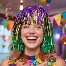 1pc Festive Party Headpiece Purple Gold Green Tinsel Rain Hat Masquerade Costume Shiny Color Block Striped Wig - A - View 3