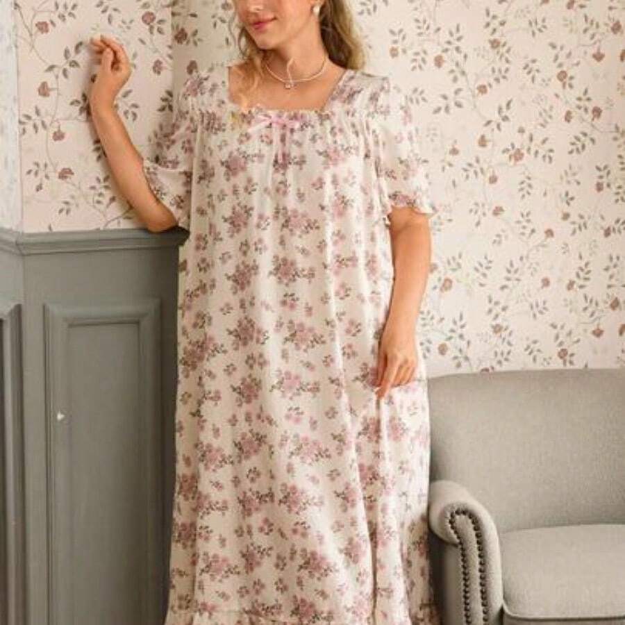 guangzhougaolangshangmao CottageSlumber Camisón romántico de talla grande con volantes en el bajo, estampado floral diminuto y arrugado - Multicolor - Ver 1