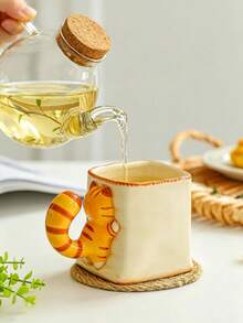 1pc Ins Style Embossed Cat Water Cup, Aesthetic Handmade Ceramic Mug, Suitable For Daily Use - Orange - View 7