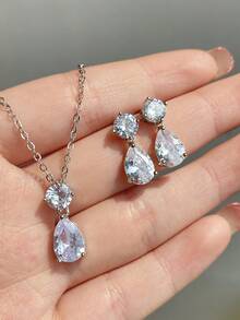 rakol 3pcs Silver Minimalist Round Cubic Zirconia Decor Women's Earrings Necklace Jewelry Set - Silver - View 5