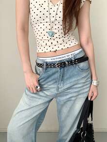 1pc PU Leather Niche Street Rivet Belt - Black - View 4