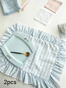 1pc/2pcs/6pcs Korean Style INS Blue And White Striped Blue Striped Polka Dot Ruffle Napkin French Ruffle Placemat Fresh Tablecloth - Multicolor - View 11