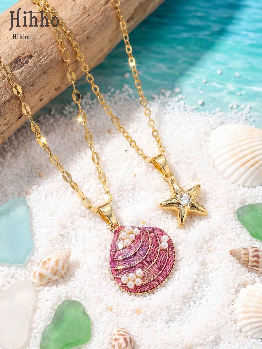 Hihho 2pcs/Set Ocean Series Double-Layer Necklace, Pearl & Shell Inlaid Starfish Pendant, Versatile Accessory For Work, Vacation, Matching Camisole, Swimwear, Dress, Perfect For Beach Photography - Clavicle Chain - View 1