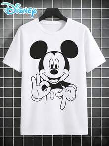 Disney Mickey Mouse T-Shirt With A Simple Mickey Mouse Line Drawing Motif, Men's T-Shirt, Minimalist And Stylish Print Design, Loose And Casual Fit, Comfortable And Breathable, Streetwear, Suitable For Everyday Life, Holidays And Leisure. - 白色 - 查看 3