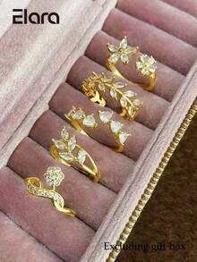 Juego de 5 anillos de mujer de aleación de cobre con incrustaciones de circonita cúbica en forma de hoja y flor, de lujo, exquisitos y ajustables, abiertos, para fiesta, reunión, vacaciones y baile (caja de regalo no incluida) - Amarillo Oro - Ver 2