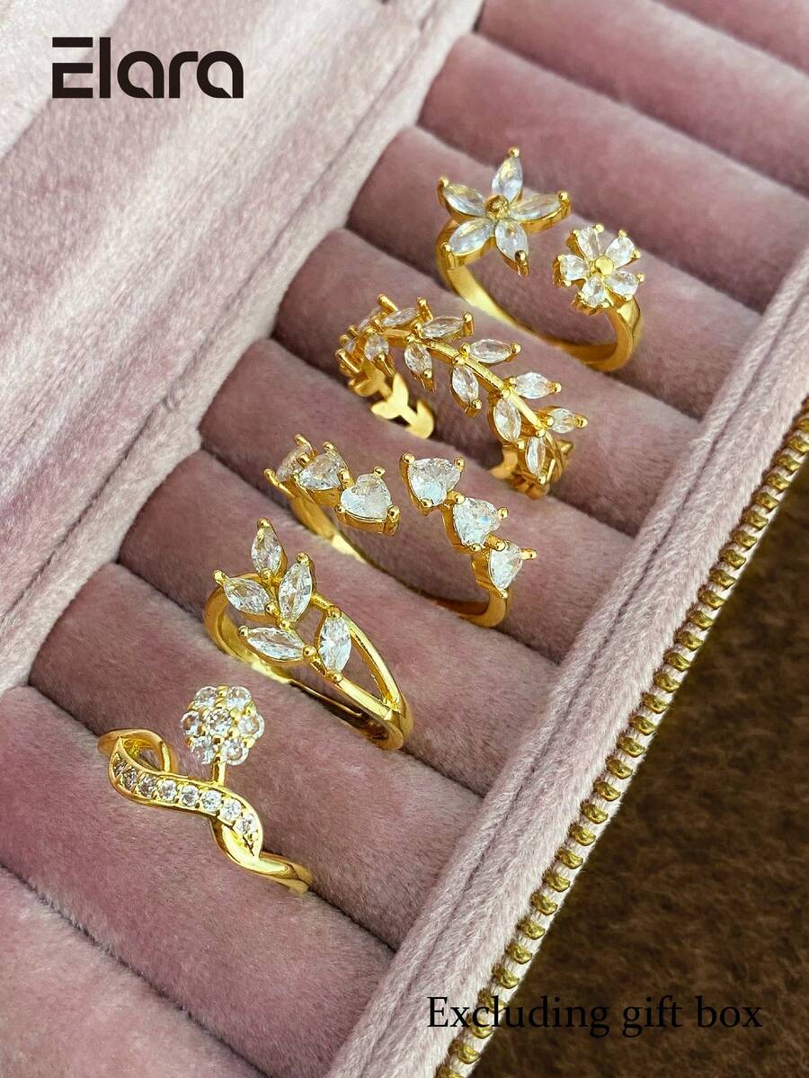 Juego de 5 anillos de mujer de aleación de cobre con incrustaciones de circonita cúbica en forma de hoja y flor, de lujo, exquisitos y ajustables, abiertos, para fiesta, reunión, vacaciones y baile (caja de regalo no incluida)