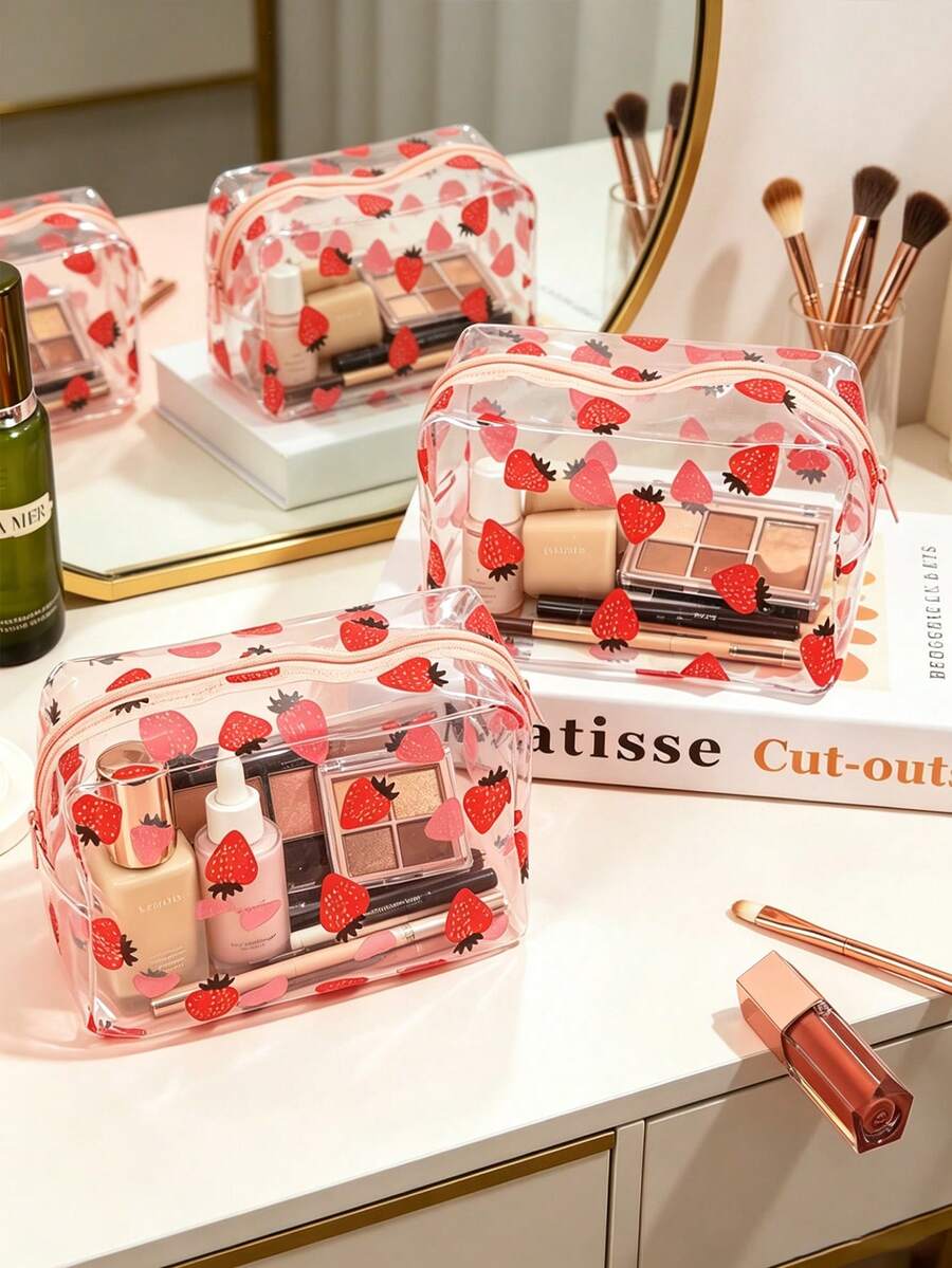 Bolsa de maquillaje transparente con estampado floral colorido estilo coreano Ins, bolsa de aseo de PVC de gran capacidad, estuche portátil para almacenamiento de cosméticos - Multicolor - Ver 1