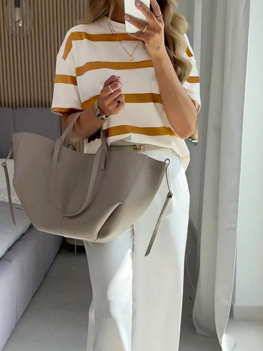 Top de manga corta holgado con rayas, estilo informal coreano para primavera y verano - Marrón - Ver 1