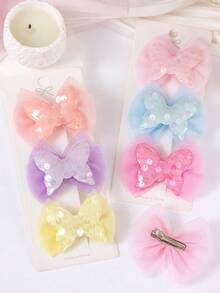 6pcs Random Candy Color Double Layer Mesh Bow Hair Clips Dopamine Sequin Butterfly Hair Pins Side Clips Bangs Clips Cute Girls Princess Hair Accessories Daily Matching Party Headwear - Multicolor - View 4