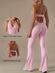 NcmRyu 1pc Women's Shapewear Yoga Dance Training Running Jumpsuit Pink Summer Sports - 粉色 - 查看 4