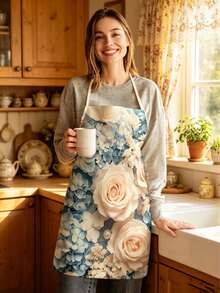 1pc, Pink Rose And Yellow Daisy Pattern Polyester Apron, Suitable For Cooking, Baking, And Gardening - Can Be Used As Attire For The Kitchen And Dining. - Multicolor - View 4