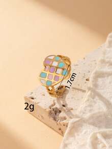 1pc Dopamine Macaron Glazed Stainless Steel Open Ring, Sweet Heart & Flower Design, Stackable Metal Ring, Girly Style Accessory, Adjustable Size - Yellow Gold - View 15
