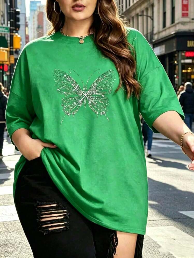 1 Piece Fashionable Casual T-Shirt For Men And Women, Black, Plus Size, With Butterfly Design - Casual For Daily Wear And Going Out. Versatile, Easy To Match, Suitable For Daily Wear, Urban Style, Vacation Outfits, Weekend Outfits. - 綠色 - 查看 11