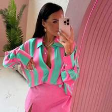 Nana's Women's Clothing Store Camisa de mujer de poliéster con cuello, con botones delanteros, con un llamativo patrón de rayas, de manga larga, de longitud regular, color rosa para fiesta, vacaciones, boda, primavera - Morado - Ver 2