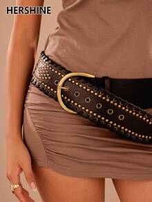 Hershine Women's Vintage Rivet Wide Belt, Western Style Woven Edge Design Waist Accessory, Versatile Hot Girl Style Decoration, Suitable For Daily Commute, Travel, Friends Gathering, Vacation Dinner, Party, Ball, Music Festival - Multicolor - View 2