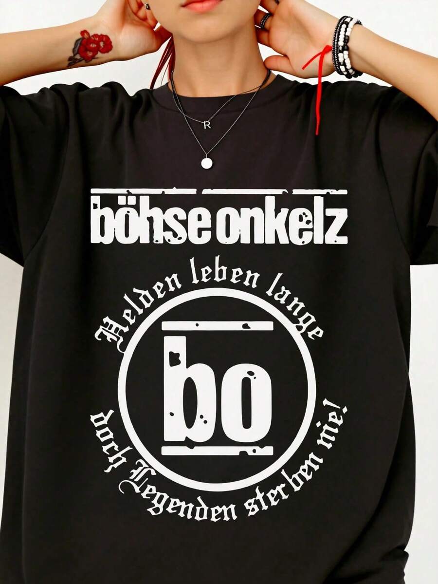 Bohse Onkelz Men's Heavyweight Graphic T-Shirt - Black Band Shirt With Distressed Logo, Regular Fit Round Neck Suitable For Concerts And Everyday Wear - Machine Washable Cotton Top, Seasonal Fashion, Strong 100% Cotton Print 1PC 180g, Men's Summer Clothing, Men's Summer Wear, Summer, Unisex - Black - View 1