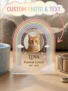1pc Custom Photo Pet Memorial Plaque,Personalized Custom Photo Acrylic Keepsake,Cat/Dog Keepsake With Angel/Rainbow/Heart Design,Forever Loved Sympathy Gift For Grieving Pet Owners,Memorial Tabletop Decor/Sympathy Gift Giving/Keepsake Display - Multicolor - View 3