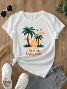 YOCASA Women's Casual Summer T-Shirt, Crew Neck, Fitted, Short Sleeve, With Oil Paint, Floral, Heart, Cherry, And Letter Prints. Simple, Casual Fabric, Sporty Style, Ideal For Everyday Wear And A Valentine's Day Date. - YH256-白色 - 查看 2