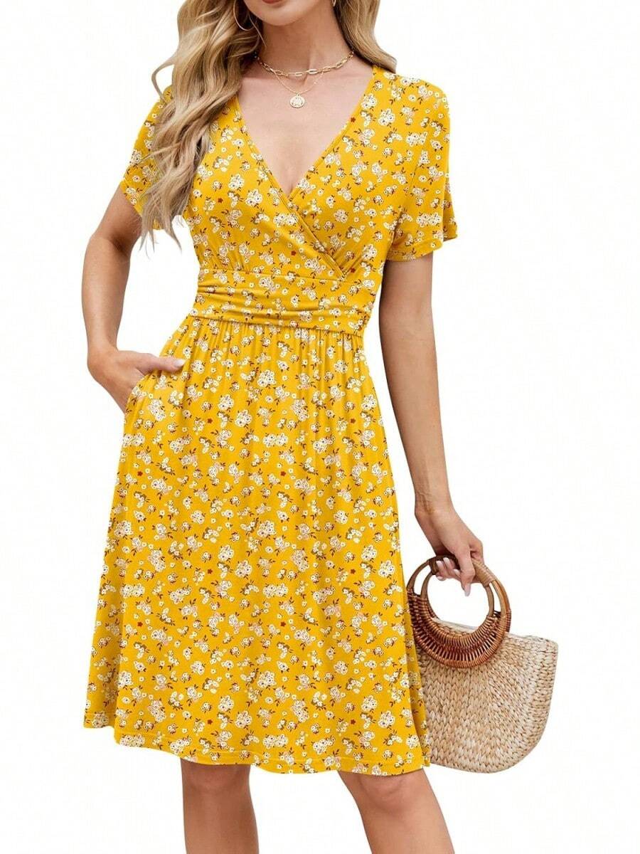 Womens Summer Dresses For Women 2026 Spring Floral Sundress Short Sleeve V Neck Wrap Dress With Pockets Festival Outfits Elegant Dress For Women Dress For Women - 03 黃色花卉 - 查看 1