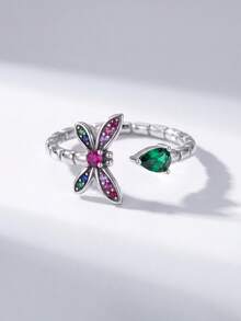 1枚925纯银钻石蜻蜓开口戒指，精致珠宝，女士礼品，适合晚宴/派对、生日/约会、日常佩戴或作为礼物。 - 綠色蜻蜓戒指 - 查看 2