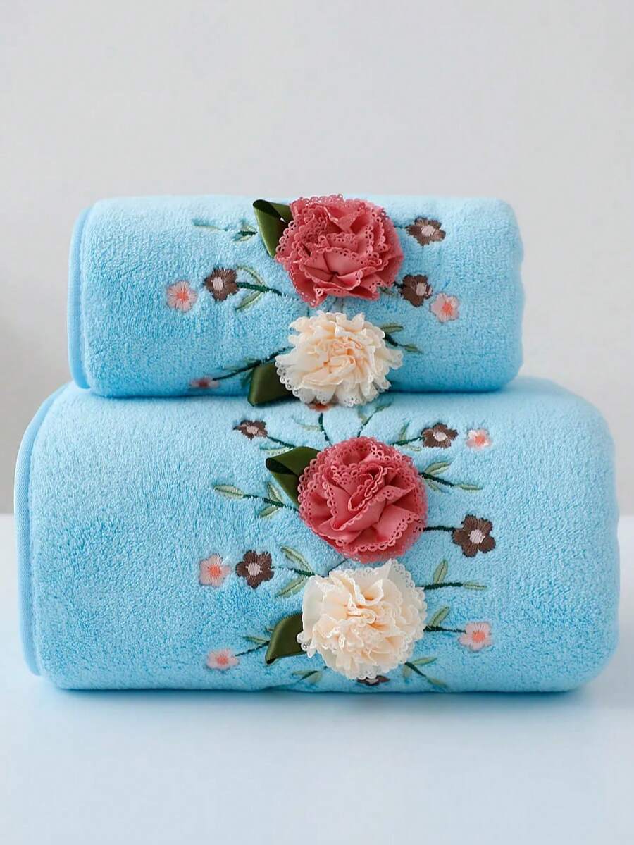 1pc Thin Polyester Fiber Blue Bath Towel/Kitchen Hand Towel, Floral Pattern, Suitable For Women All Year Round, Quick-Drying, Applicable For Bathroom, Hotel, Travel, Holiday Gift, Beauty Salon, Home Decor