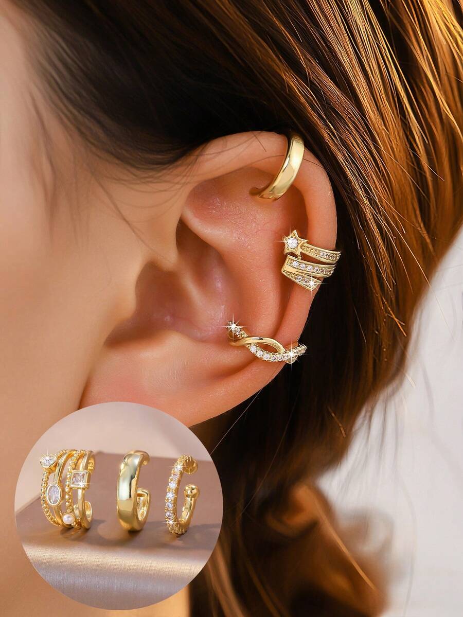 1pc Rhinestone C-Shape Line Decor Ear Cuff, Copper Jewelry Gift For Valentine's Day, Mother's Day - Gold - View 1