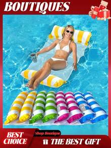 1 pieza Silla flotante inflable de PVC para adultos, adecuada para piscina y playa, portátil, sin necesidad de energía, cómoda y duradera, ligera, relajante, inflado rápido, adecuada para adultos - Cama flotante de doble tubo a rayas - Ver 2