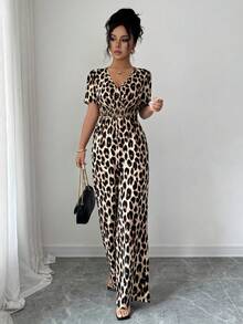 Vestido Pantalón Casual Elegante de Estilo Vacacional con Cuello en V, Estampado Aleatorio y Corte Aleatorio, Nueva  de Primavera/Verano Europea y Americana - Albaricoque - Ver 4