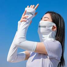 Unisex UV-Block Eisseide Sonnenschutz Armstulpen Nackenschutz Set, Visor Sonnenhut + reflektierender Nackenschutz Gesichtsmaske + Armstulpen mit Daumenloch, kühlend atmungsaktiv UV-Sonnenschutz Set für Angeln Radfahren Autofahren Golf Outdoor Sport Herren Damen Sommer - Verschiedenfarbig - Übersicht 5