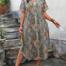 guang zhou mi qian shang mao Vestido de ocio y vacaciones con dobladillo peplum estampado para mujeres en tallas grandes - Blanco y Negro - Ver 5