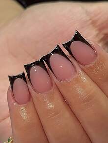 24pcs Medium Square Minimalist Elegant Black French Pink Nails Fashion Dark Night Black French Style Nude Pink Fake Nails Including 1pc Jelly Glue And 1pc Nail File Full Coverage Fake Nails, Suitable For Women And Girls, Jelly Glue Shipped Randomly - Black - View 1