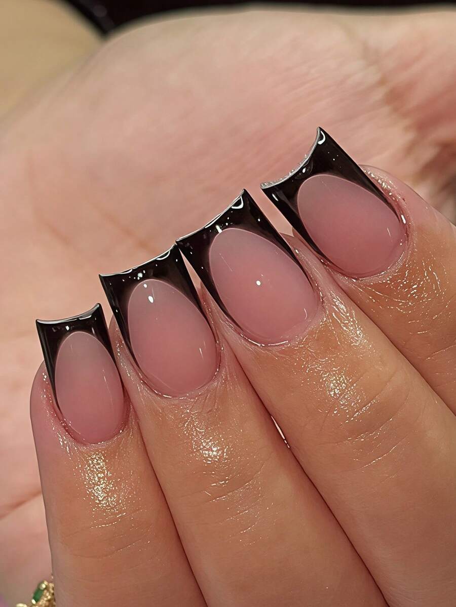 24pcs Medium Square Minimalist Elegant Black French Pink Nails Fashion Dark Night Black French Style Nude Pink Fake Nails Including 1pc Jelly Glue And 1pc Nail File Full Coverage Fake Nails, Suitable For Women And Girls, Jelly Glue Shipped Randomly - Black - View 1