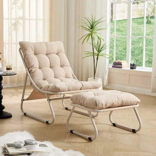 Poltrona de jardim com apoio para os pés, confortável e reclinável, com almofada macia e banqueta para os pés. Ideal para sala de estar, quarto ou sala de leitura. Estrutura bege com almofada bege. - Bege - Ver 1