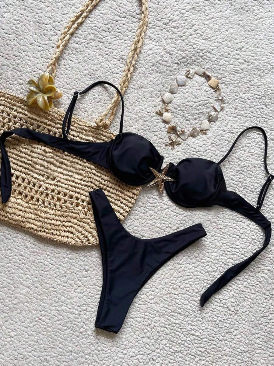 Nuevo Bikini negro sólido con decoración de estrella de mar de metal, elegante y sexy traje de baño para playa, vacaciones, fiestas y citas - Negro - Ver 1