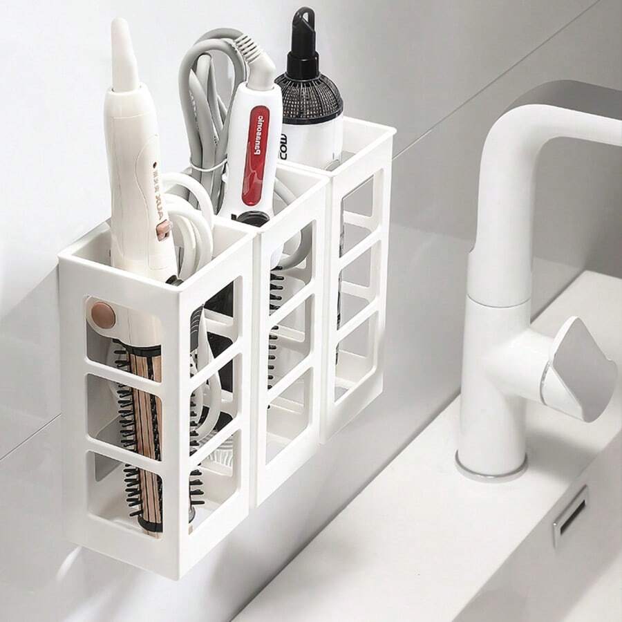1 pieza Estante de almacenamiento para plancha y rizador, soporte multifuncional para peine de baño montado en la pared sin perforación, caja de almacenamiento para baño