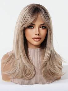 Wig Sintetis Gaya Kupu-kupu 18 Inci, Ombre Panjang Lurus Berlapis, Wig Pengganti Sintetis untuk Wanita dengan Poni untuk Penggunaan Sehari-hari dan Pesta. - Ombre pirang - View 9