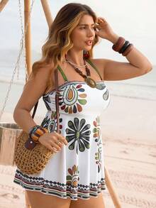Large Tankini Two-Piece Swimsuit, Women's Strapless, Detachable Shoulder Strap, Beach Vacation Outfit, Floral Print - 花色 - 查看 3