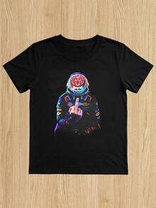 1 PCS Unisex T-Shirt In Retro European F1 Style, Comfortable Breathable Cotton, Oversized Streetwear Fit For Urban Outings And Car Festivals - Black - View 2