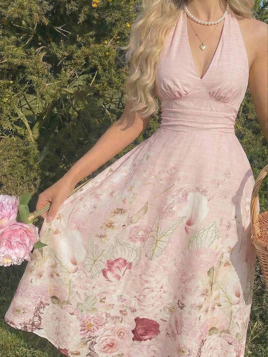 MOD Vestido de mujer de moda con estampado total, cuello halter y lazo en la cintura, de largo medio