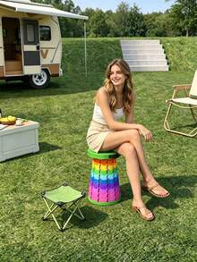 4/1pc Rainbow Telescopic Folding Stool, Portable Round Stool With Handle, Smiling Face Cover, Multi-Color Patchwork Design, Casual Outdoor Style, All Season Applicable, For Camping, Picnic, Fishing, Travel, Home, Gardening, Adult Size - Multiple Styles - View 7